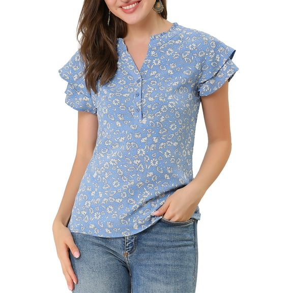 MODA NOVA Juniors Floral V Neck Tiered Short Sleeve Button Down Summer Blouse