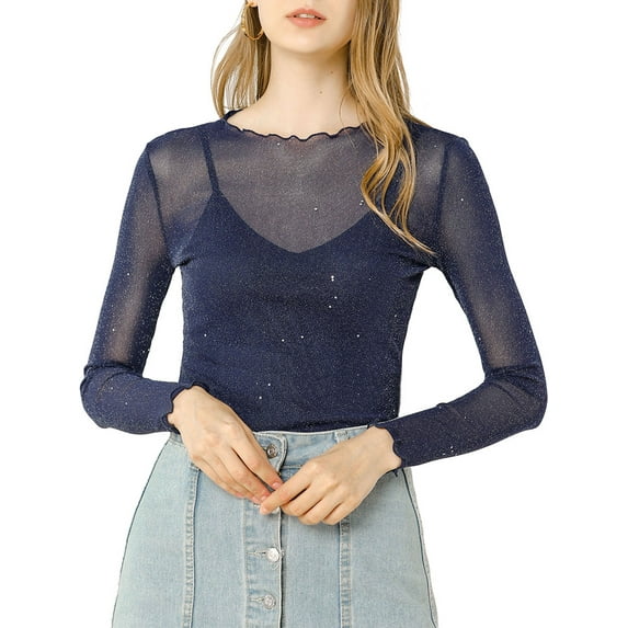MODA NOVA Juniors Glitter Mesh See Through Blouse with Spaghetti Strap Camisole