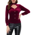 thumbnail image 1 of MODA NOVA Juniors Gochic Ruffled Stand Collar Cutout Long Sleeve Velvet Blouse, 1 of 4