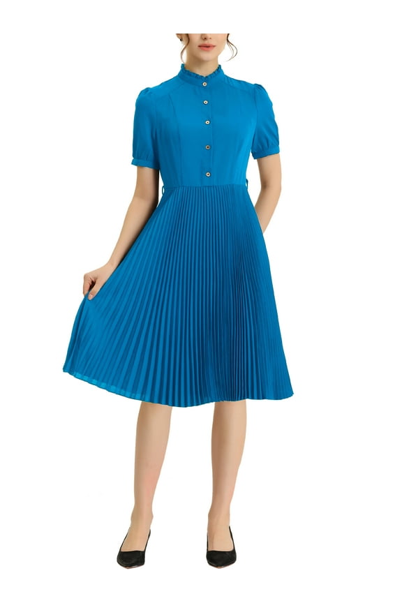 Juniors Half Placket Shirt Dress Short Sleeve Ruffle Stand Neck Pleated Midi Dresses with Belt