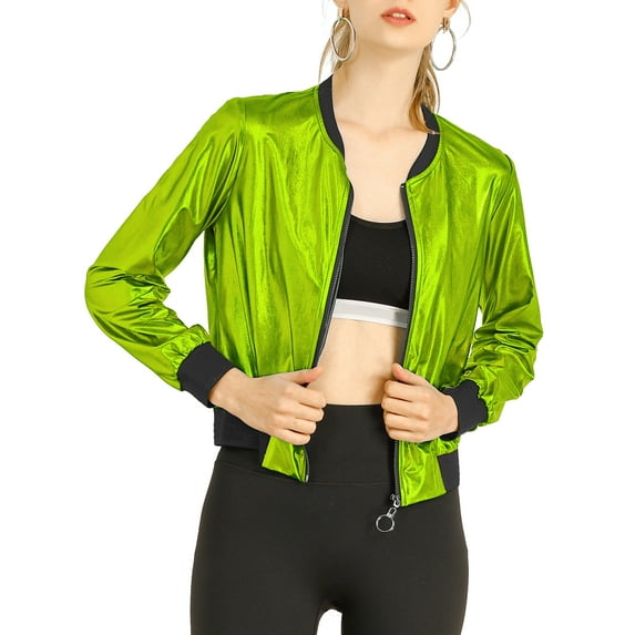MODA NOVA Juniors Halloween Costume Casual Stand Collar Metallic Zip Crop Length Bomber Jacket Fluorescent Green XL