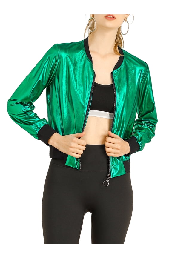 Juniors Halloween Costume Casual Stand Collar Metallic Zip Crop Length Bomber Jacket Green S