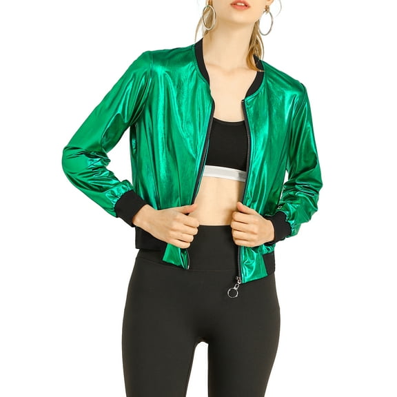 MODA NOVA Juniors Halloween Costume Casual Stand Collar Metallic Zip Crop Length Bomber Jacket Green XL