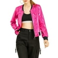 thumbnail image 1 of MODA NOVA Juniors Halloween Costume Casual Stand Collar Metallic Zip Crop Length Bomber Jacket Hot Pink S, 1 of 7