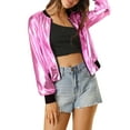 thumbnail image 1 of MODA NOVA Juniors Halloween Costume Casual Stand Collar Metallic Zip Crop Length Bomber Jacket Pink M, 1 of 7