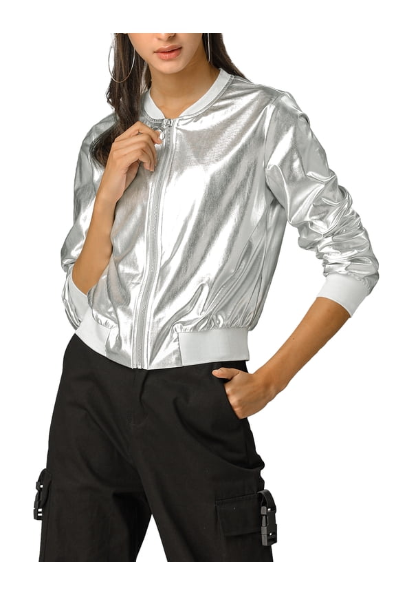 Juniors Halloween Costume Casual Stand Collar Metallic Zip Crop Length Bomber Jacket Silver L