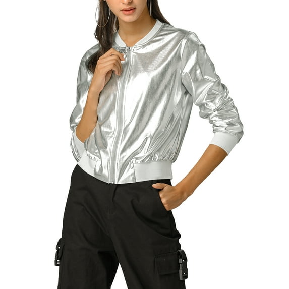 MODA NOVA Juniors Halloween Costume Casual Stand Collar Metallic Zip Crop Length Bomber Jacket Silver S