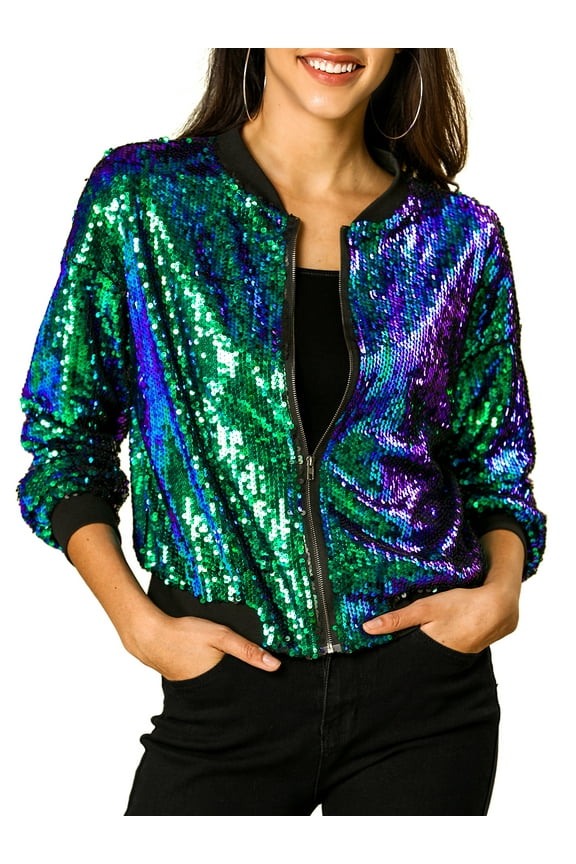 Juniors Halloween Costume Christmas Glitter Cropped Long Sleeve Zipper Bomber Jacket Green S