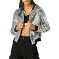 thumbnail image 1 of MODA NOVA Juniors Halloween Costume Christmas Glitter Cropped Long Sleeve Zipper Bomber Jacket Silver L, 1 of 7