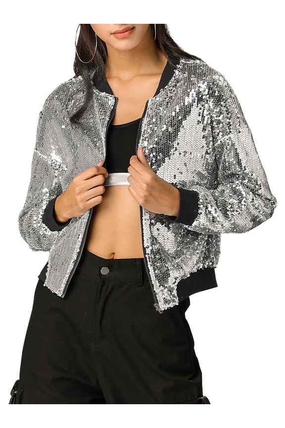 Juniors Halloween Costume Christmas Glitter Cropped Long Sleeve Zipper Bomber Jacket Silver S