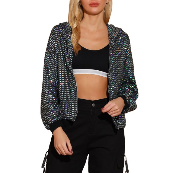 MODA NOVA Juniors Halloween Costume Shiny Long Sleeve Zipper Hooded Metallic Jacket Black Silver-Sequin XL