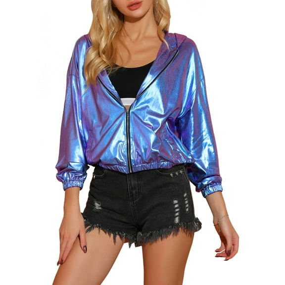 MODA NOVA Juniors Halloween Costume Shiny Long Sleeve Zipper Hooded Metallic Jacket Blue Purple XS