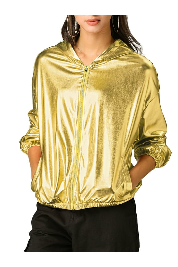 Juniors Halloween Costume Shiny Long Sleeve Zipper Hooded Metallic Jacket Gold XS