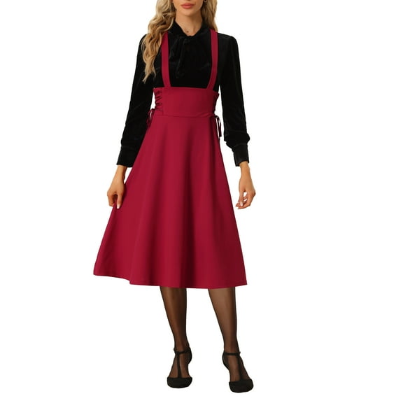 MODA NOVA Juniors High Waist Brace Skirts Lace Up Swing Midi Suspender Skirt