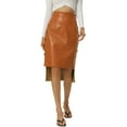 thumbnail image 1 of INSPIRE CHIC Women's' High Waist High Low Hem Belted Knot Button Decor Side Leather Skirt, 1 of 6