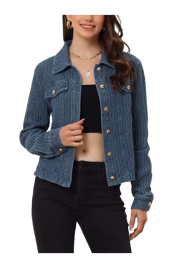 Juniors Jean Jacket Button Up Long Sleeves Texture Washed Casual Denim Jacket Blue L