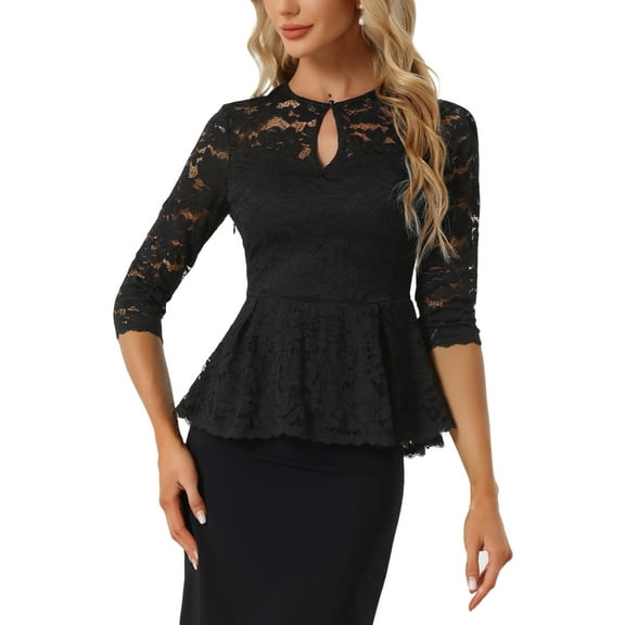 MODA NOVA Juniors Lace Keyhole Front Sheer 3/4 Sleeve Peplum Blouse Top Black XS