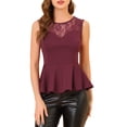 thumbnail image 1 of MODA NOVA Juniors Lace-Paneled Semi Sheer Crew Neck Sleeveless Peplum Blouse, 1 of 6