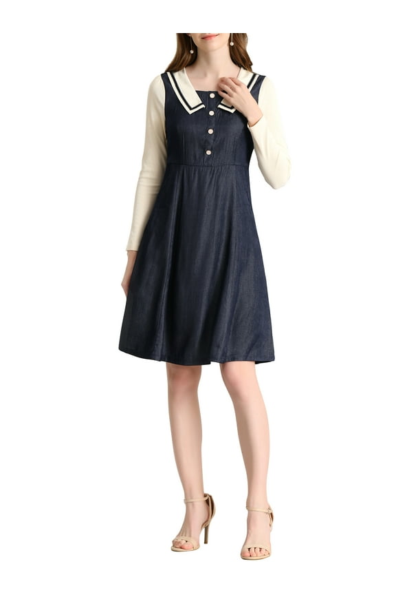 Juniors Lapel Collar Button Decor Long Sleeve A-Line Mid-Length Dresses