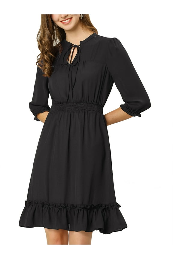 Juniors Layered Ruffle Hem 3/4 Sleeves Smocked A-Line Chiffon Dress