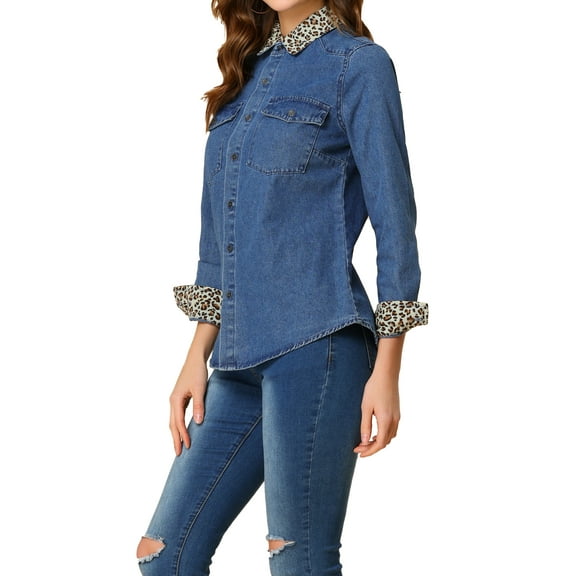 MODA NOVA Juniors Leopard Button up Long Sleeves Short Denim Shirt with Pockets Light Blue S
