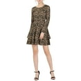 thumbnail image 1 of MODA NOVA Juniors Leopard Long Sleeve Smock Layered Ruffle Hem Dress Brown L, 1 of 5