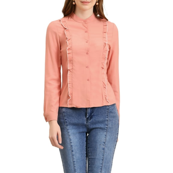 MODA NOVA Juniors Long Sleeve Button Up Ruffle Trim Contrast Piping Shirt