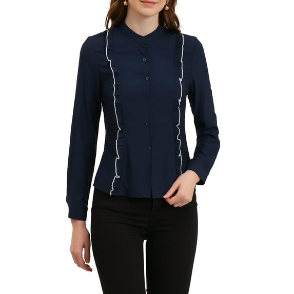 MODA NOVA Juniors Long Sleeve Button Up Ruffle Trim Contrast Piping Shirt