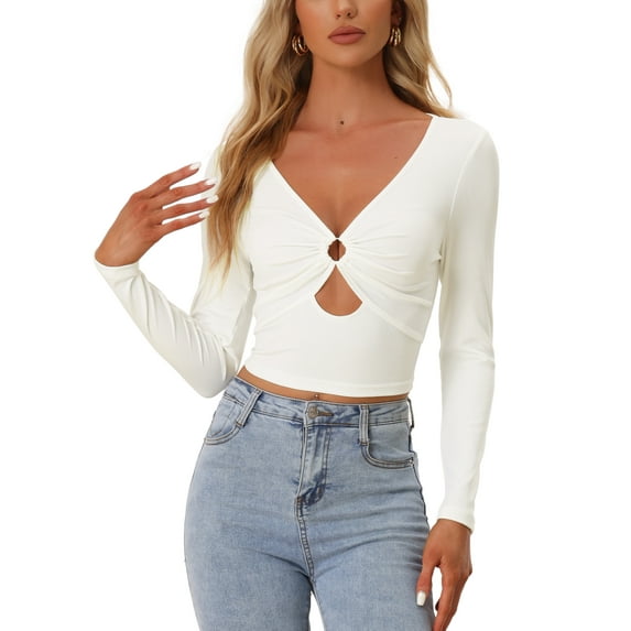 MODA NOVA Juniors Long Sleeve Crop Tops V Neck O Ring Hollow Out Top