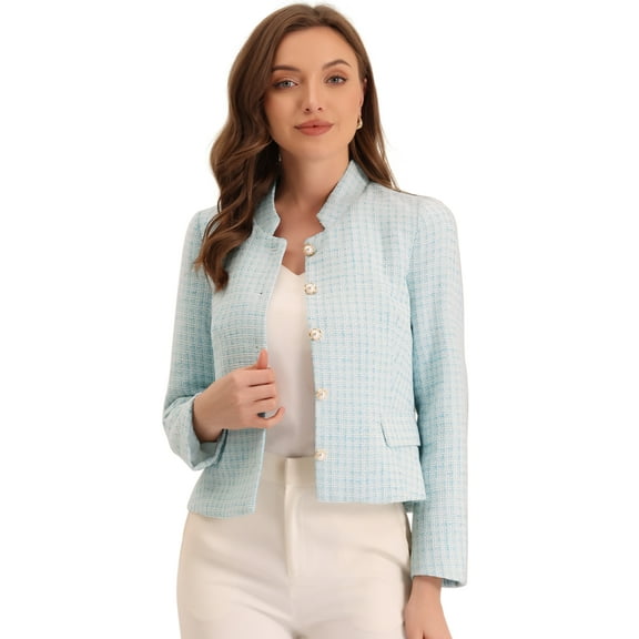 MODA NOVA Juniors Long Sleeve Plaid Tweed Blazer Button Decor Work Office Crop Jacket Light Blue XS