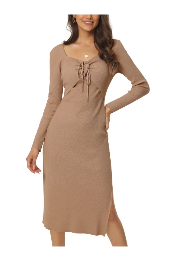 Juniors Long Sleeve Sweetheart Neck Ruched Side Slit Knit Bodycon Sweater Midi Dress