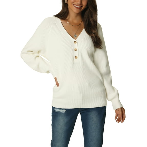 MODA NOVA Juniors Long Sleeve V Neck Button Down Sweaters Solid Color Ribbed Knit Casual Pullover Jumper Sweater Top