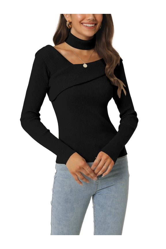 Juniors Long Sleeve V Neck Chocker Slim Fit Sweater Tops L Black