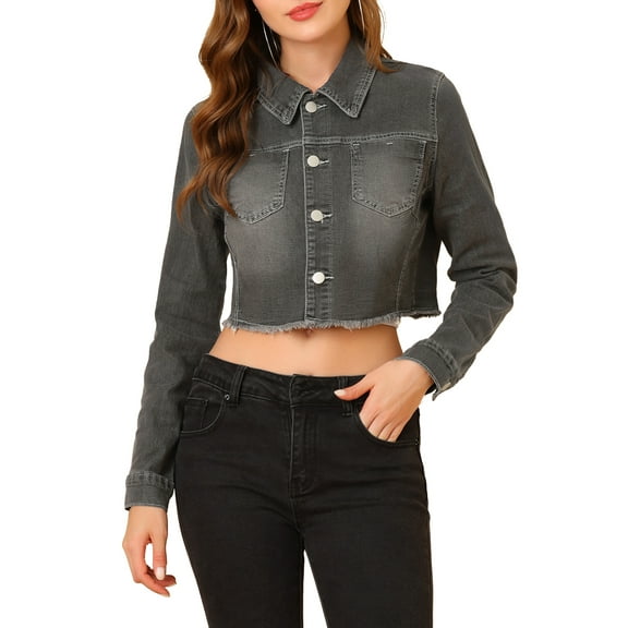 MODA NOVA Juniors Long Sleeves Button up Frayed Hem Cropped Denim Jacket
