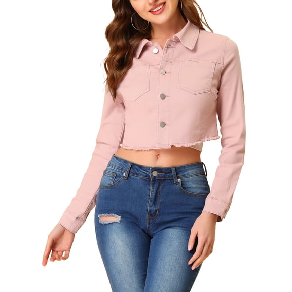 MODA NOVA Juniors Long Sleeves Button up Frayed Hem Cropped Denim Jacket