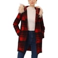 thumbnail image 1 of MODA NOVA Juniors Long Sleeves Detachable Faux Fur Trim Plaid Overcoat with Hood Red Black XS, 1 of 6