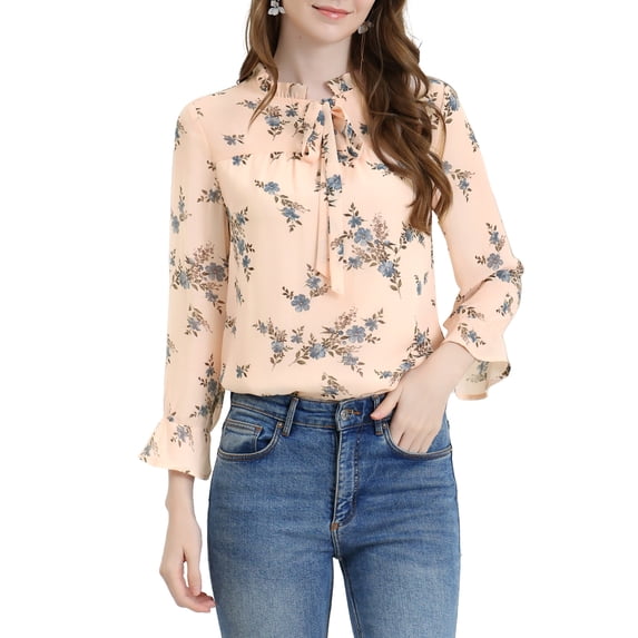 MODA NOVA Juniors Long Sleeves Tie Neck Ruffle Collar Floral Print LeisureTop Pink Blue S