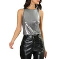 thumbnail image 1 of MODA NOVA Juniors Metallic Crew Neck Sleeveless Cam Tank Top Dark Silver XS, 1 of 7