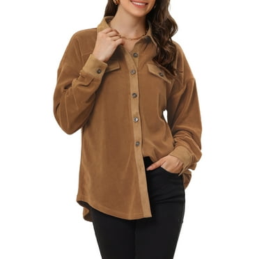MODA NOVA Juniors Micro Fleece Fuzzy Coat Button Down Lapel Winter Outwear Shirt Jacket Brown XS