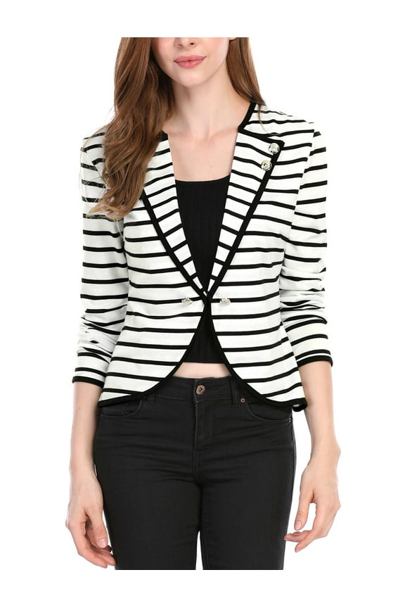 Juniors Notched Lapel Button Decor Thin Striped Blazer