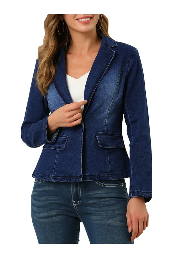 Juniors Notched Lapel Button Up Long Sleeve Washed Denim Jacket