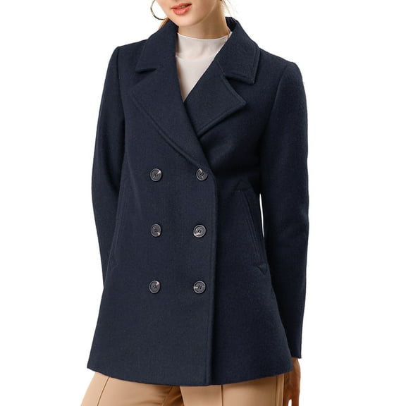 MODA NOVA Juniors Notched Lapel Double-Breasted Pocket Mid Thigh Overcoat