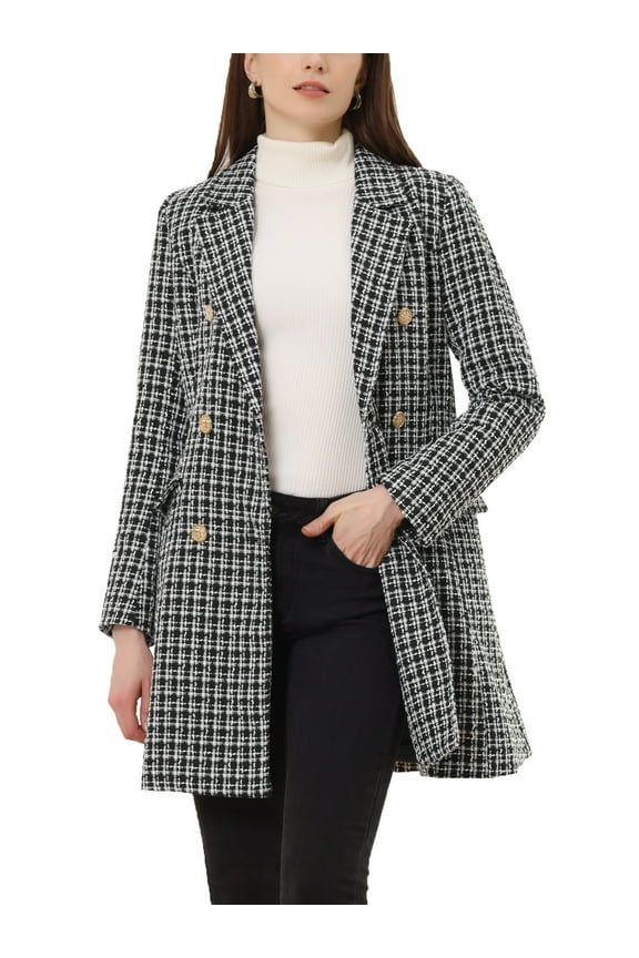 Juniors Notched Lapel Elegant Plaid Double Breasted Tweed Blazer Coat
