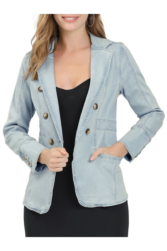 Juniors Notched Lapel Long Sleeve Button Denim Jacket with Pockets