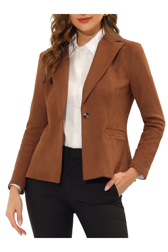 Juniors Notched Lapel Long Sleeve Button Office Faux Suede Blazer Caramel XL