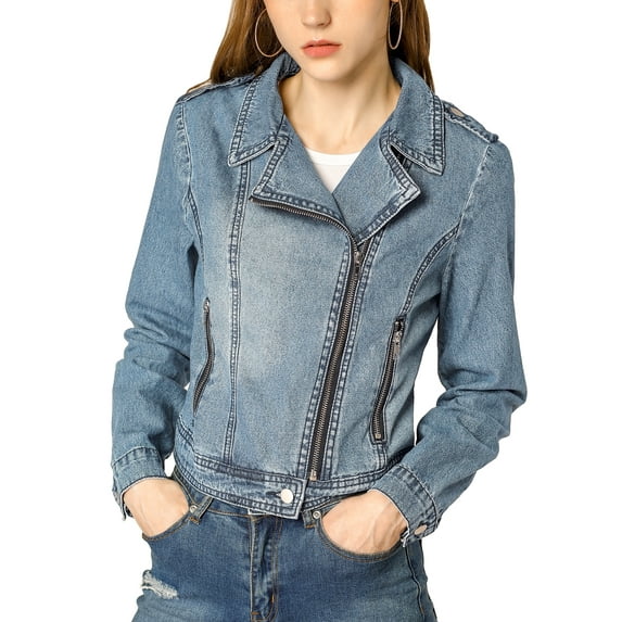 MODA NOVA Juniors Notched Lapel Long Sleeves Asymmetric Zip Moto Denim Jacket