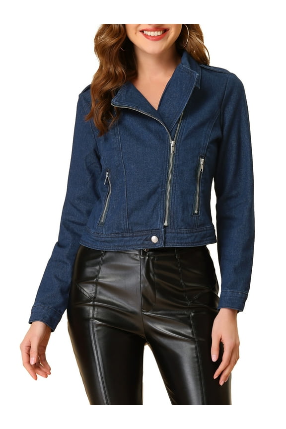 Juniors Notched Lapel Long Sleeves Asymmetric Zip Moto Denim Jacket