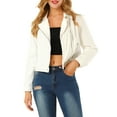 thumbnail image 1 of MODA NOVA Juniors Notched Lapel Long Sleeves Asymmetric Zip Moto Denim Jacket, 1 of 6