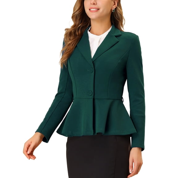 MODA NOVA Juniors Notched Lapel Long Sleeves Belted Work Office Peplum Blazer Dark Green L