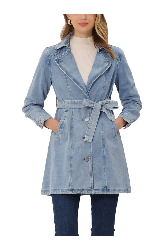 Juniors Notched Lapel Long Sleeves Button Belted Long Denim Jacket